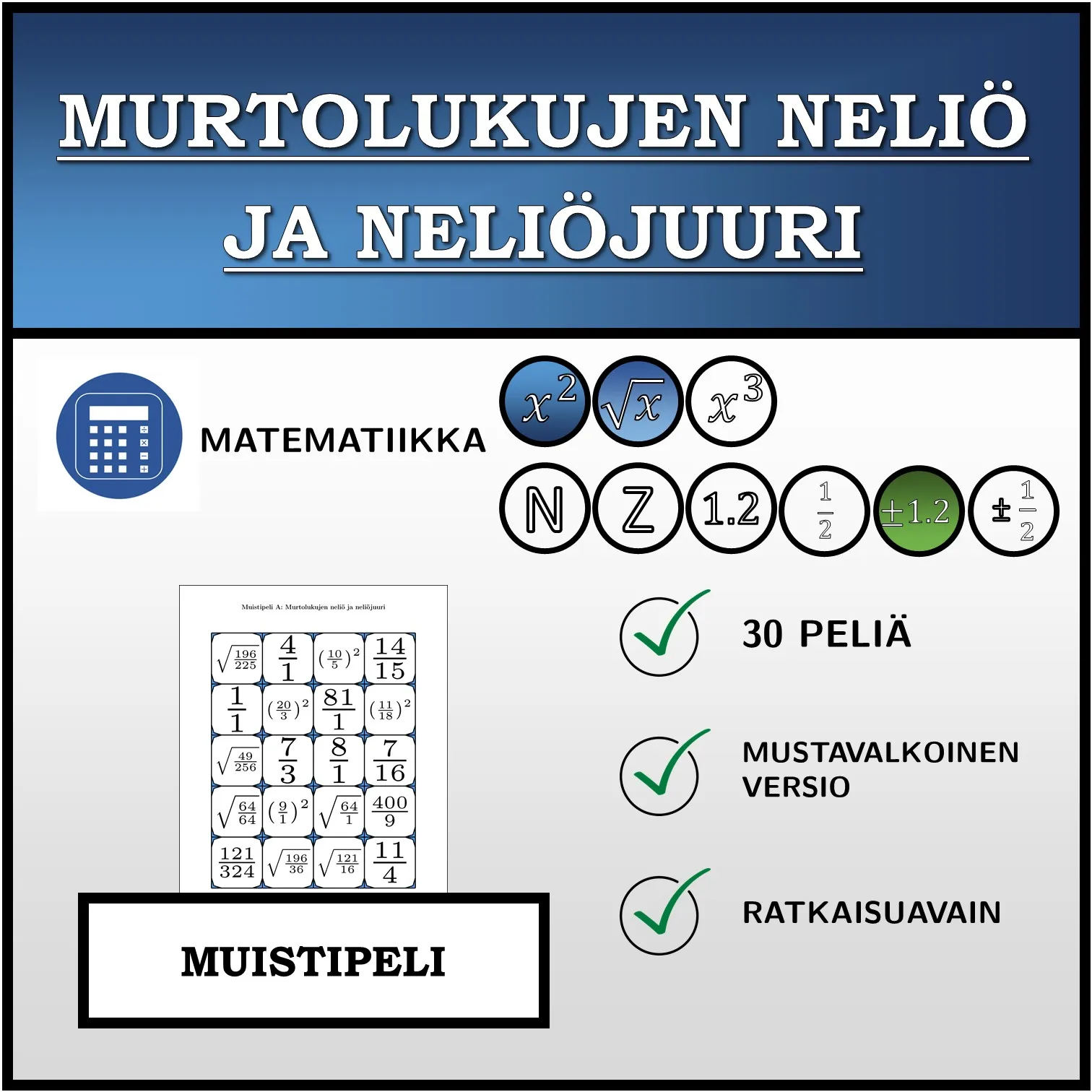 Muistipeli: Murtolukujen neliö ja neliöjuuri