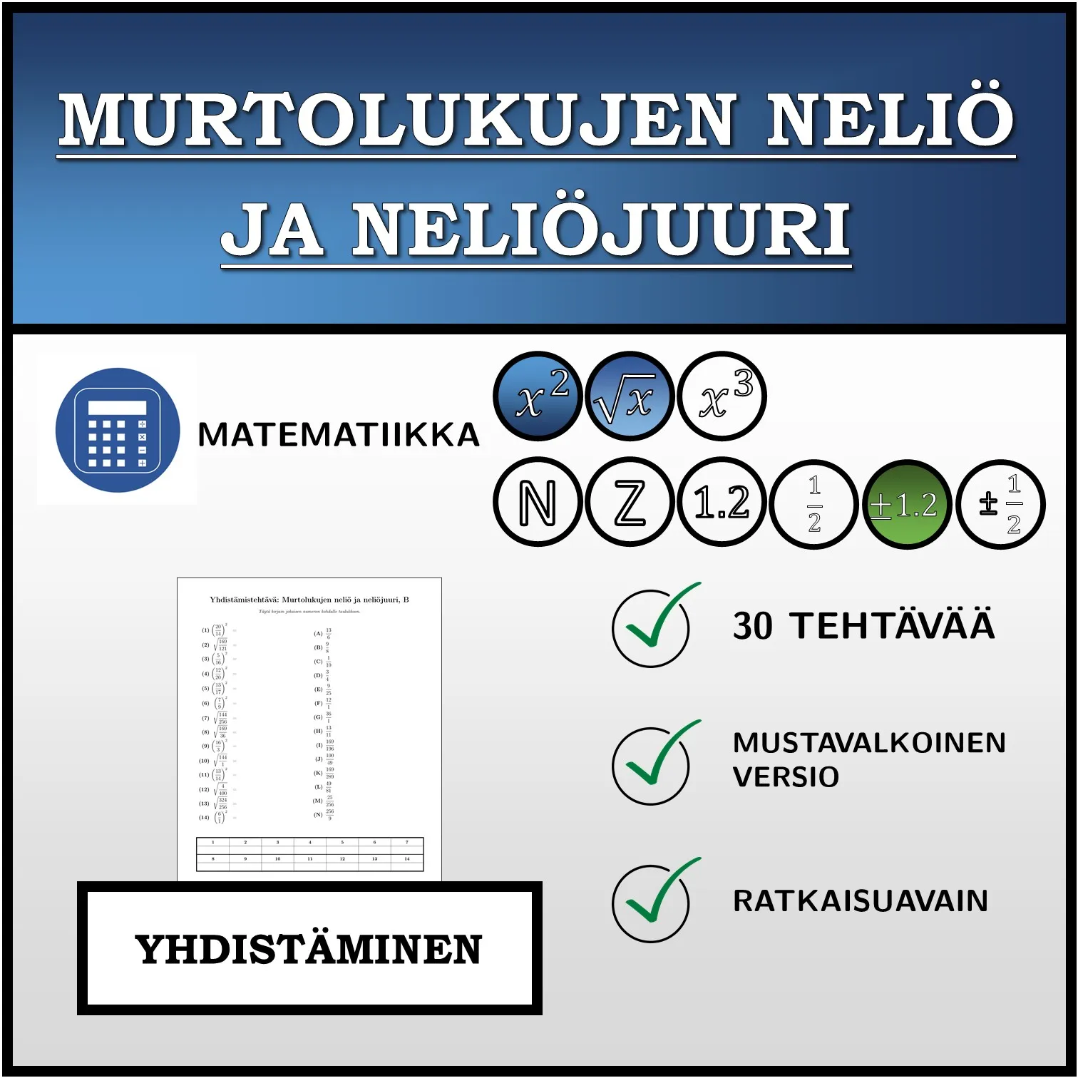 Yhdistämistehtävä: Murtolukujen neliö ja neliöjuuri