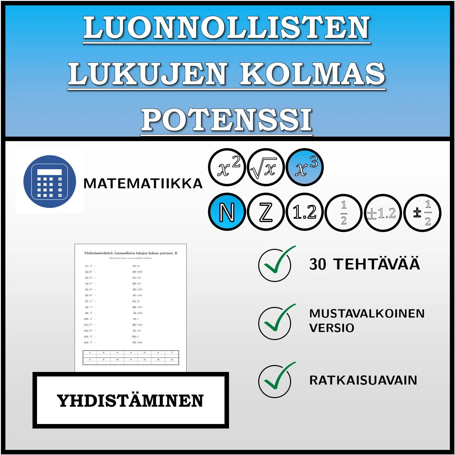 Yhdistämistehtävä: Luonnollisten lukujen kolmas potenssi