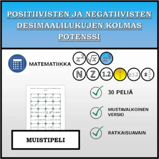 Muistipeli: Positiivisten ja negatiivisten desimaalilukujen kolmas potenssi