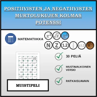 Muistipeli: Positiivisten ja negatiivisten murtolukujen kolmas potenssi