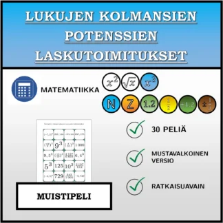 Muistipeli: Lukujen kolmansien potenssien laskutoimitukset