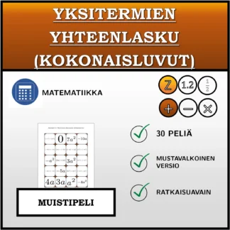 Muistipeli: Yksitermien yhteenlasku (kokonaisluvut)