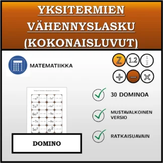 Domino: Yksitermien vähennyslasku (kokonaisluvut)