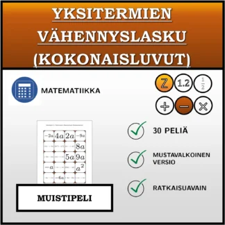 Muistipeli: Yksitermien vähennyslasku (kokonaisluvut)
