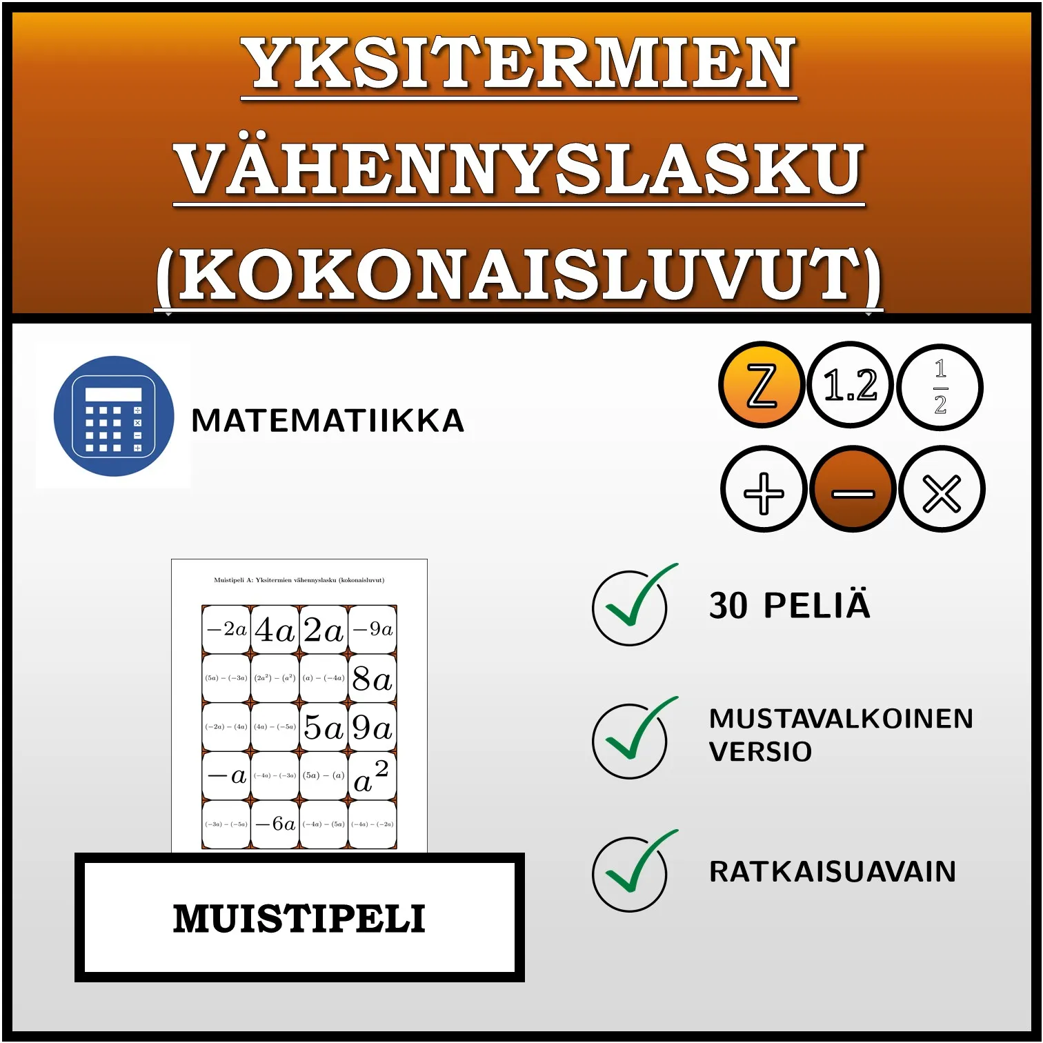 Muistipeli: Yksitermien vähennyslasku (kokonaisluvut)