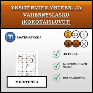 Muistipeli: Yksitermien yhteen- ja vähennyslasku (kokonaisluvut)