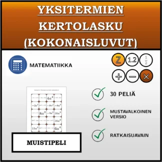Muistipeli: Yksitermien kertolasku (kokonaisluvut)