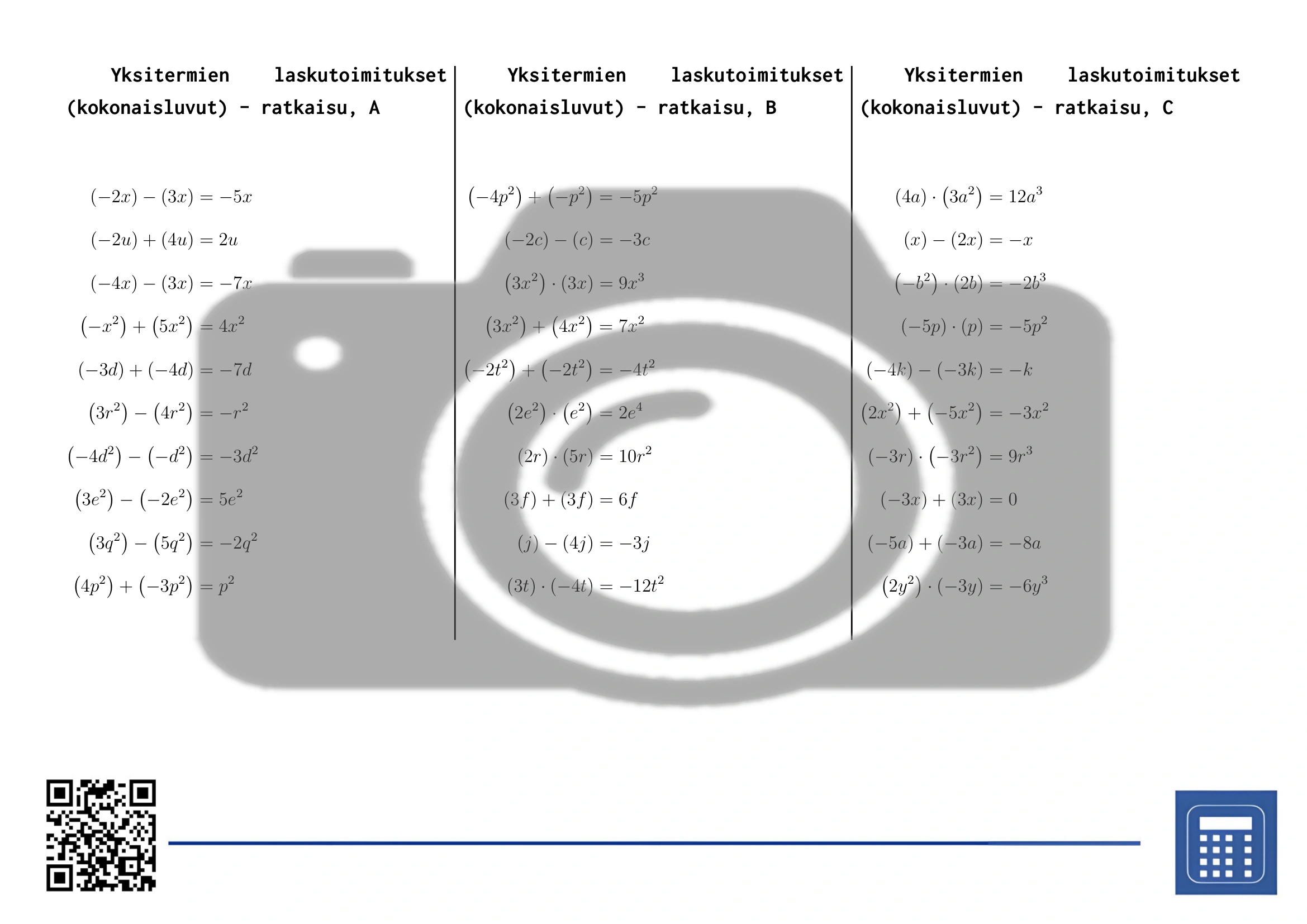Työarkki: Yksitermien laskutoimitukset (kokonaisluvut) - Image 4