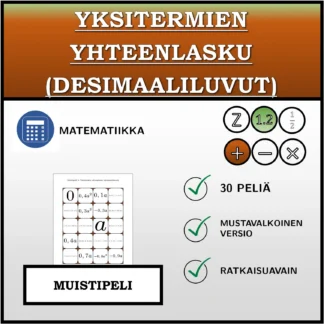 Muistipeli: Yksitermien yhteenlasku (desimaaliluvut)