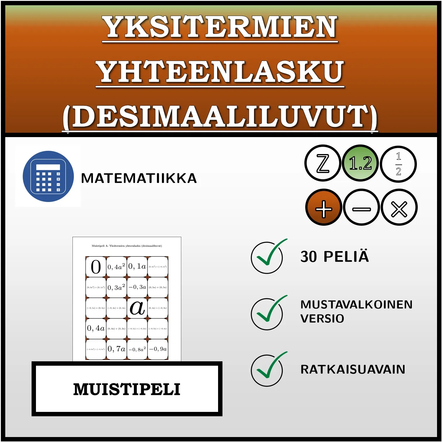 Muistipeli: Yksitermien yhteenlasku (desimaaliluvut)