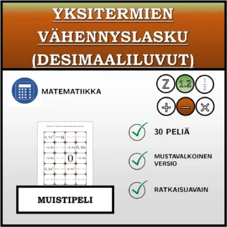 Muistipeli: Yksitermien vähennyslasku (desimaaliluvut)