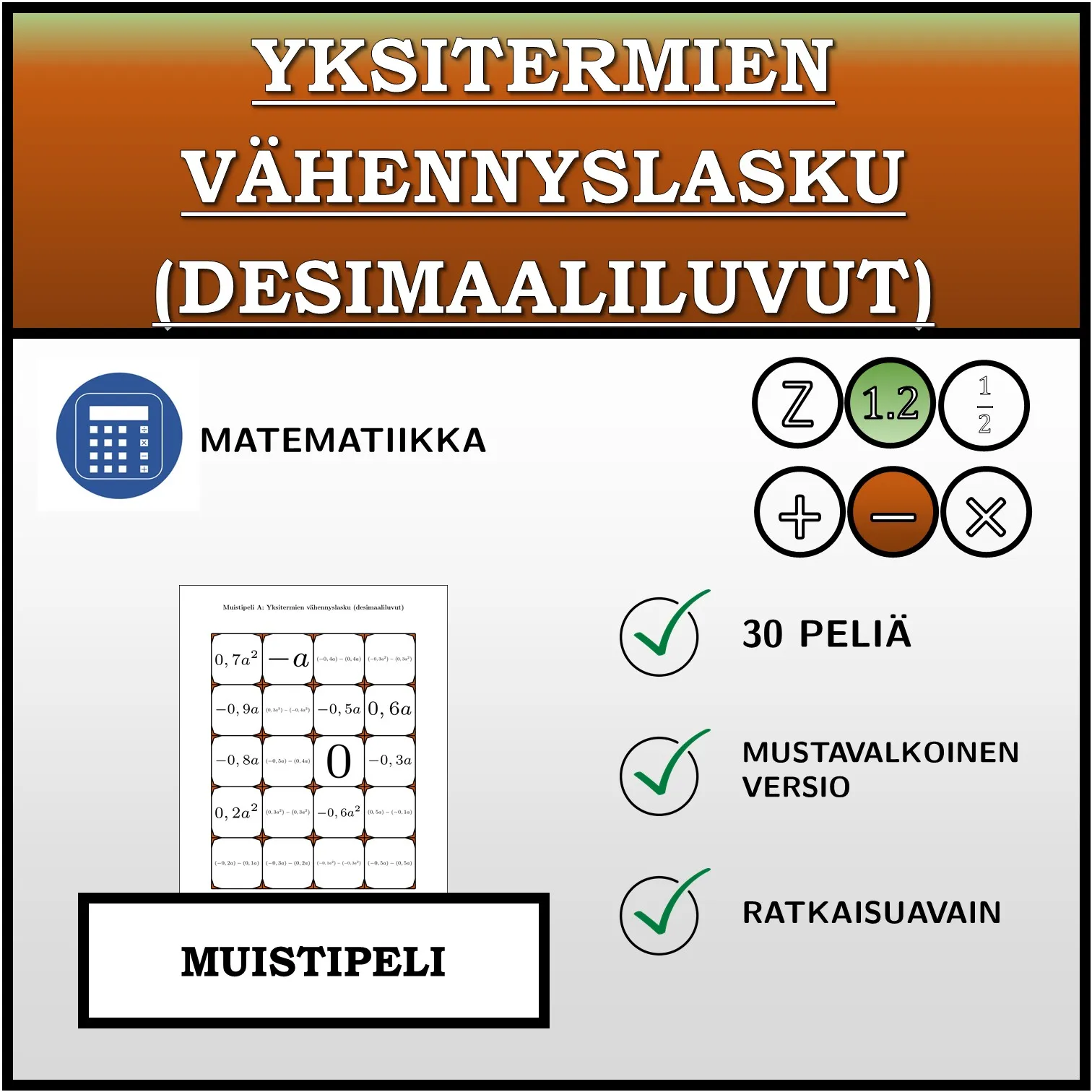 Muistipeli: Yksitermien vähennyslasku (desimaaliluvut)