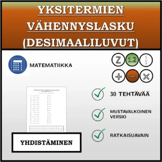 Yhdistämistehtävä: Yksitermien vähennyslasku (desimaaliluvut)