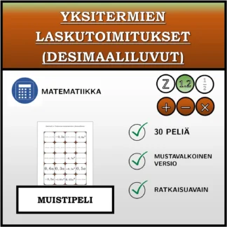 Muistipeli: Yksitermien laskutoimitukset (desimaaliluvut)