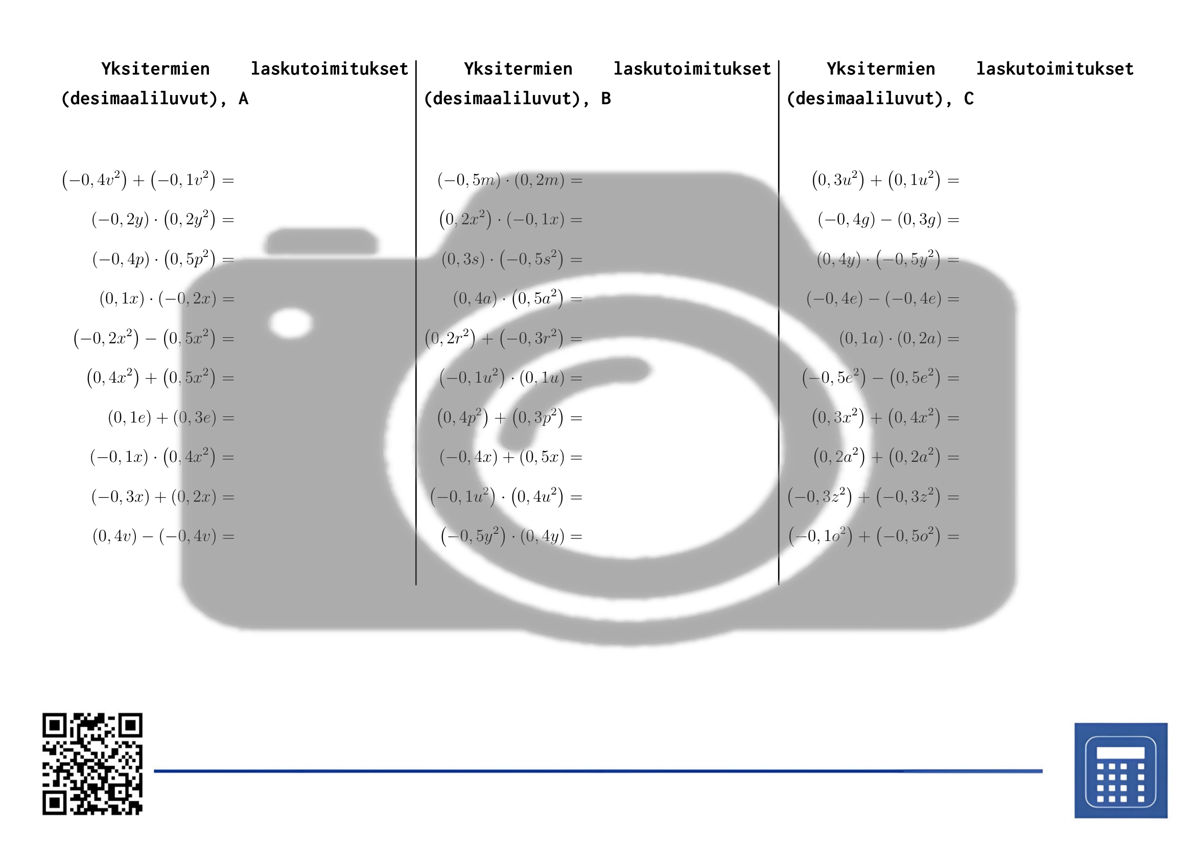 Työarkki: Yksitermien laskutoimitukset (desimaaliluvut) - Image 2