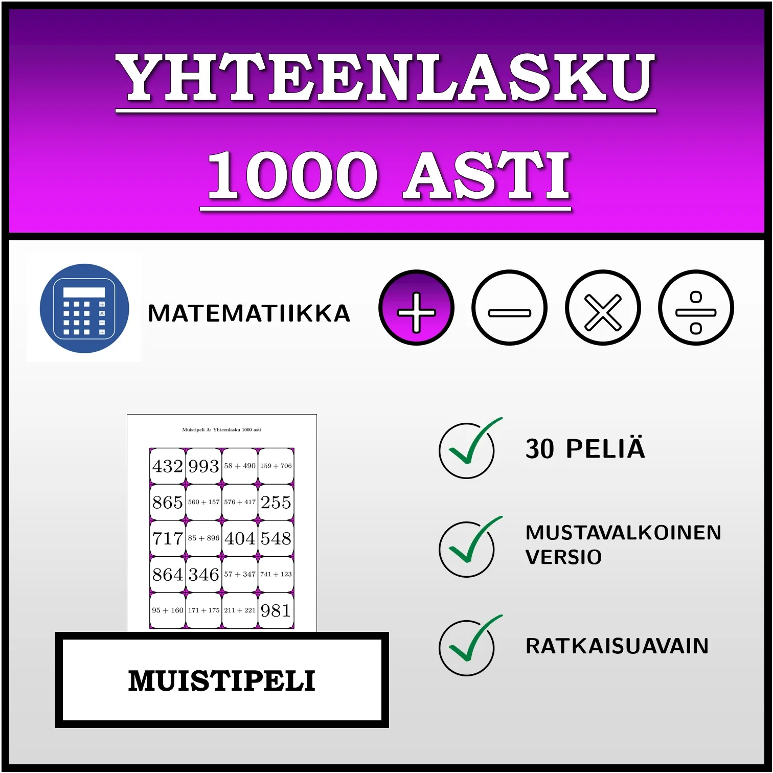 Muistipeli: Yhteenlasku 1000 asti