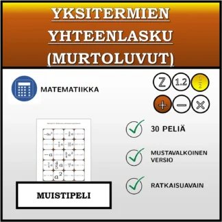 Muistipeli: Yksitermien yhteenlasku (murtoluvut)