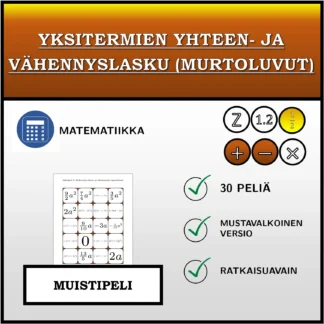 Muistipeli: Yksitermien yhteen- ja vähennyslasku (murtoluvut)