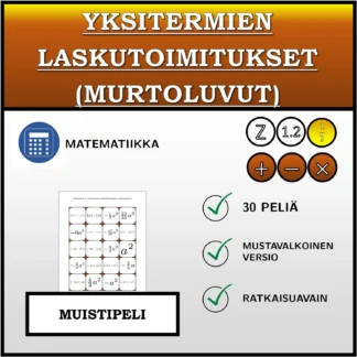 Muistipeli: Yksitermien laskutoimitukset (murtoluvut)