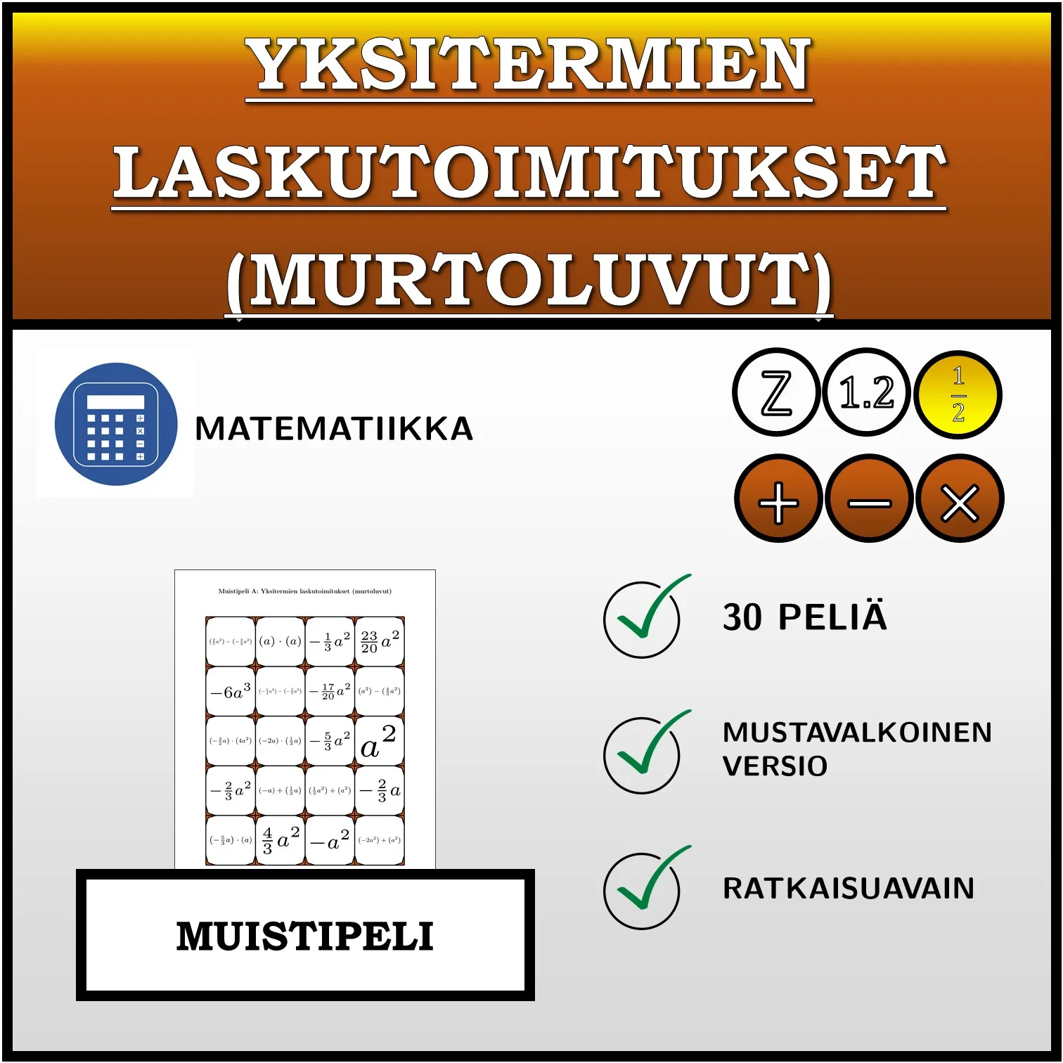 Muistipeli: Yksitermien laskutoimitukset (murtoluvut)