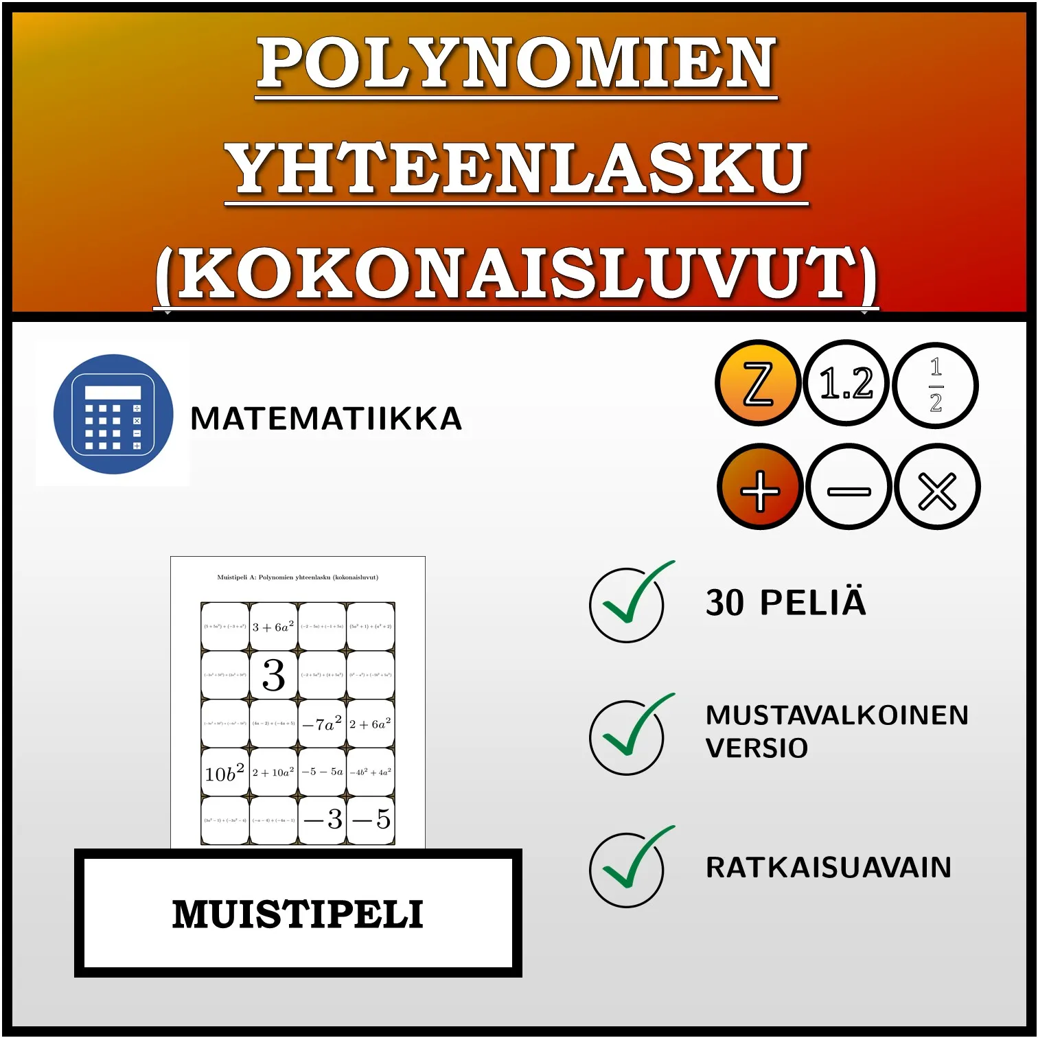Muistipeli: Polynomien yhteenlasku (kokonaisluvut)