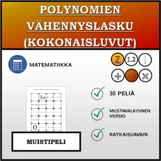 Muistipeli: Polynomien vähennyslasku (kokonaisluvut)
