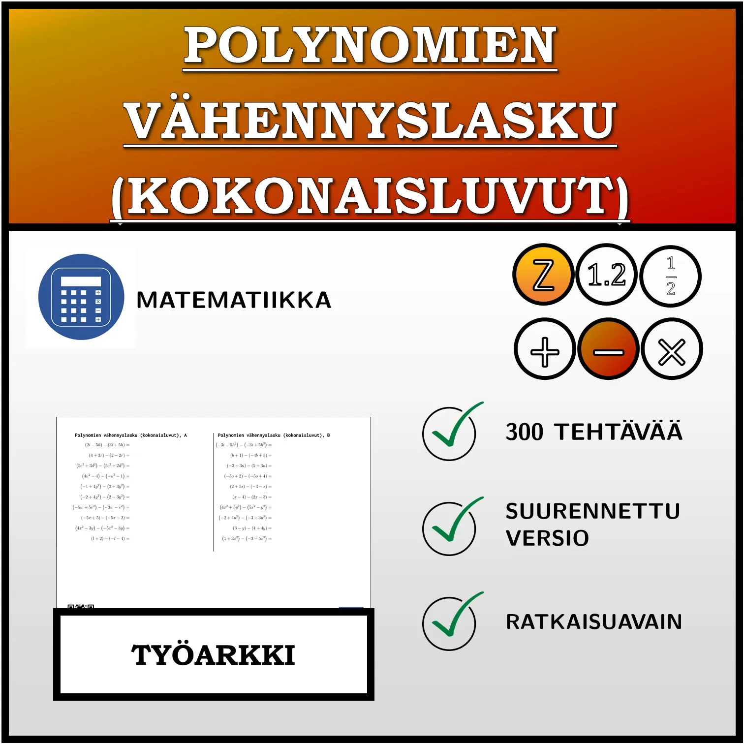 Työarkki: Polynomien vähennyslasku (kokonaisluvut)