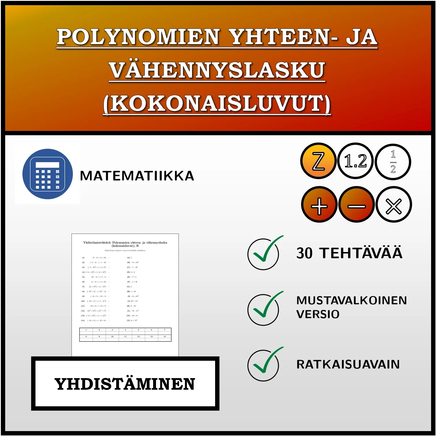Yhdistämistehtävä: Polynomien yhteen- ja vähennyslasku (kokonaisluvut)