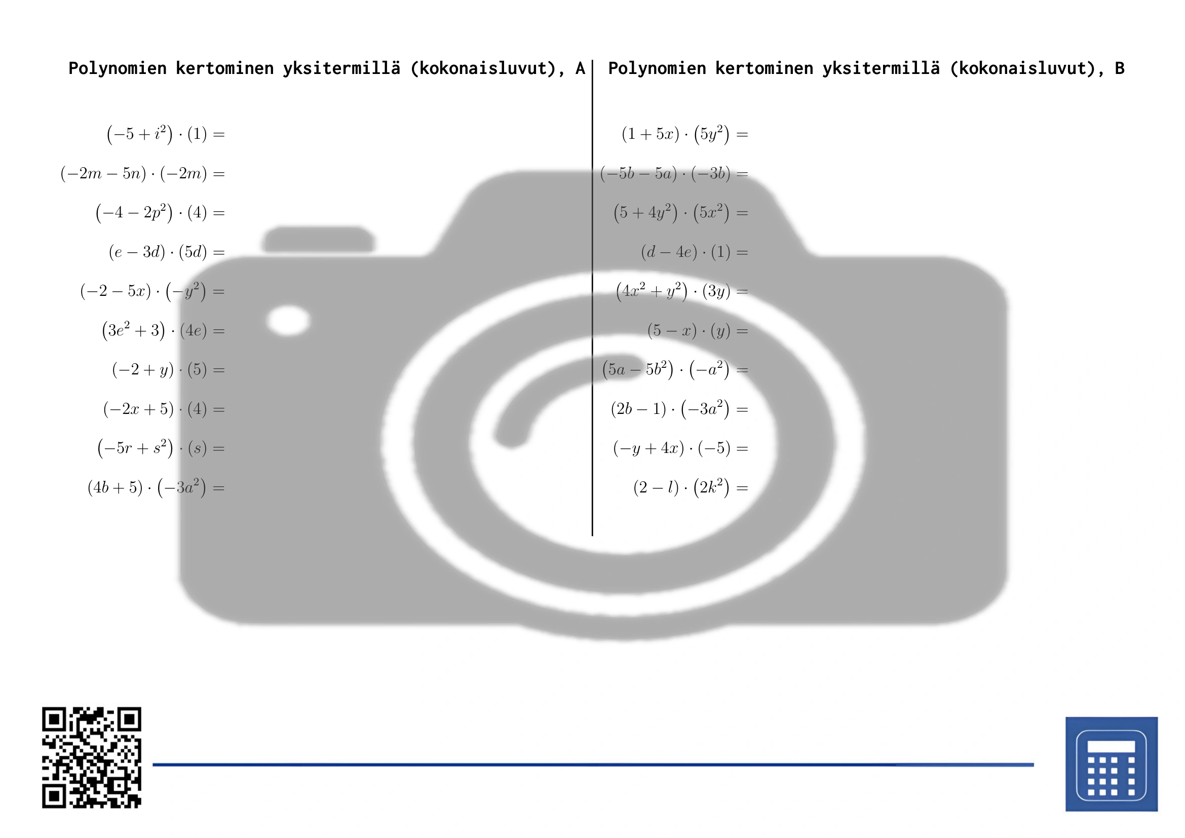 Työarkki: Polynomien kertominen yksitermillä (kokonaisluvut) - Image 2