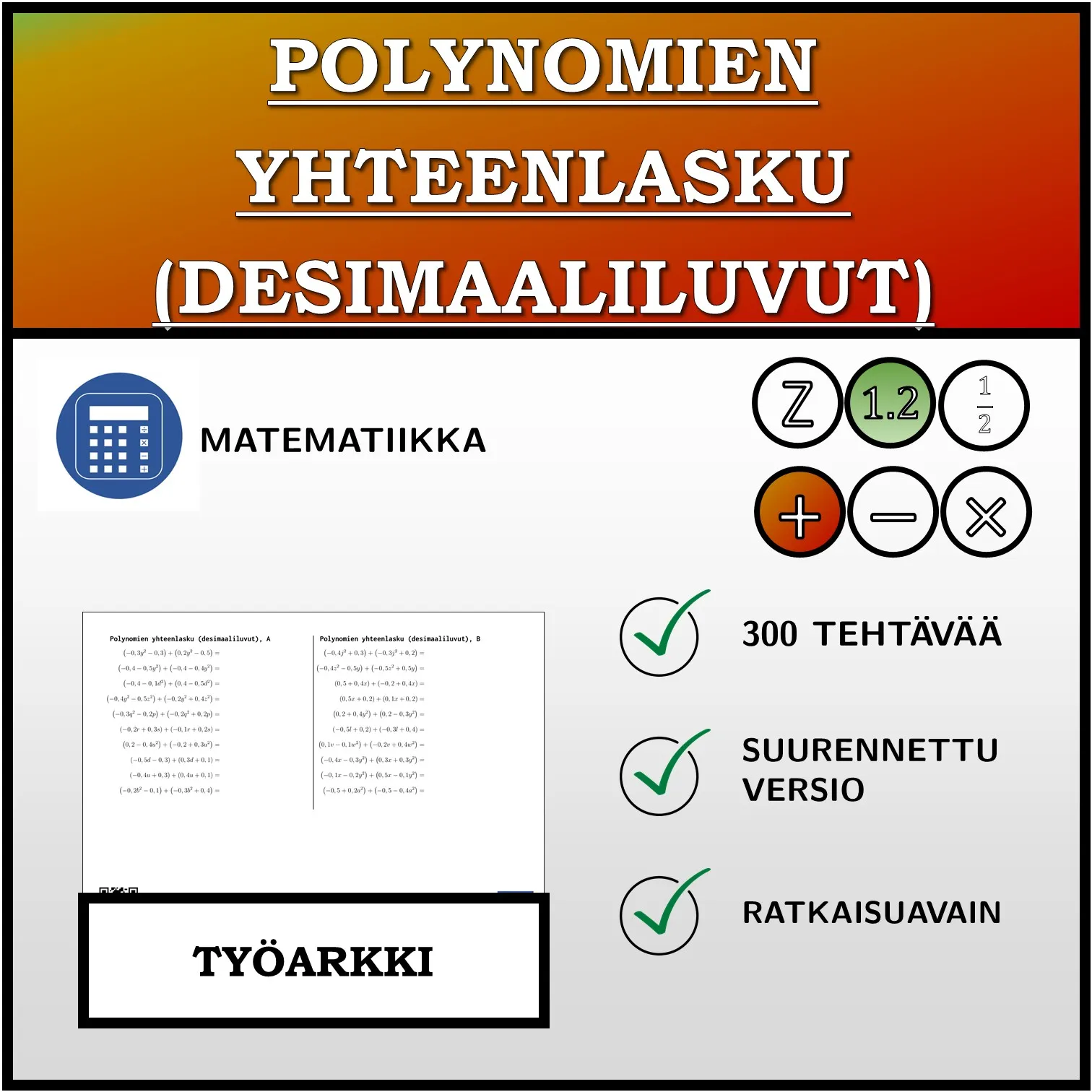 Työarkki: Polynomien yhteenlasku (desimaaliluvut)