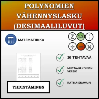 Yhdistämistehtävä: Polynomien vähennyslasku (desimaaliluvut)