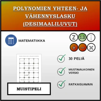 Muistipeli: Polynomien yhteen- ja vähennyslasku (desimaaliluvut)