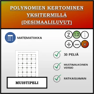 Muistipeli: Polynomien kertominen yksitermillä (desimaaliluvut)