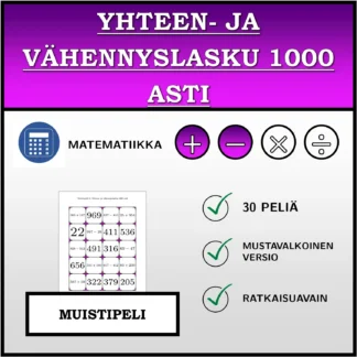 Muistipeli: Yhteen- ja vähennyslasku 1000 asti