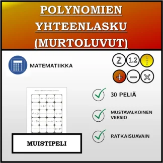 Muistipeli: Polynomien yhteenlasku (murtoluvut)