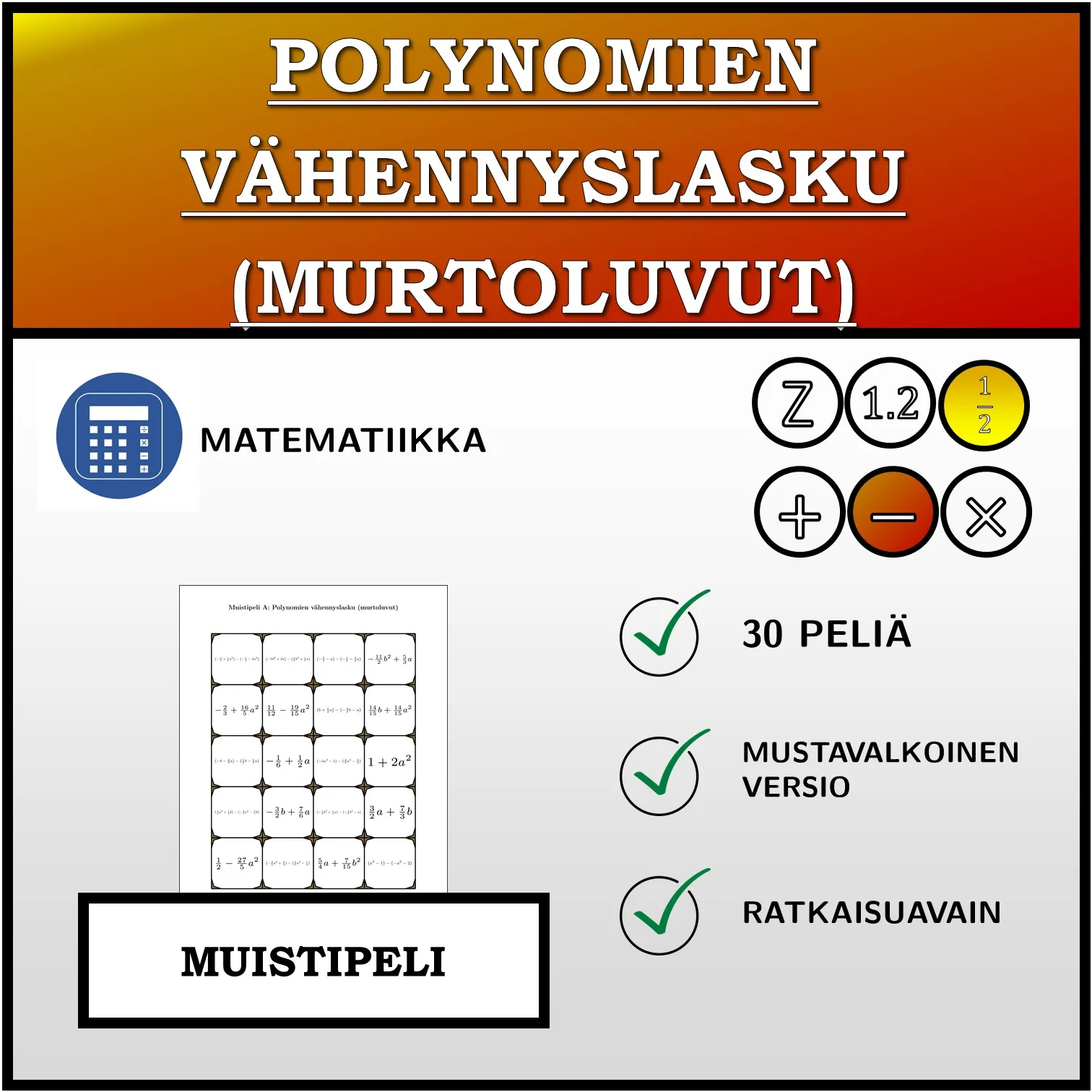 Muistipeli: Polynomien vähennyslasku (murtoluvut)