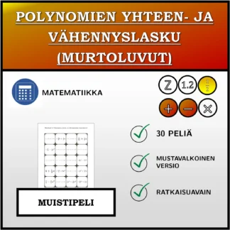 Muistipeli: Polynomien yhteen- ja vähennyslasku (murtoluvut)