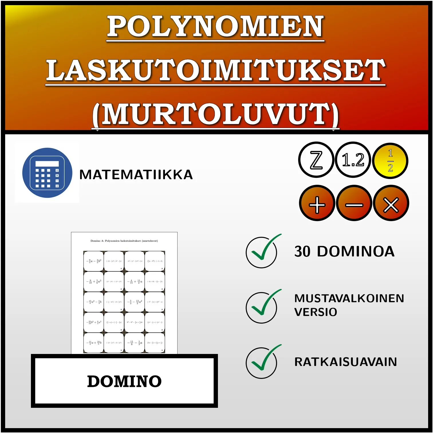Domino: Polynomien laskutoimitukset (murtoluvut)