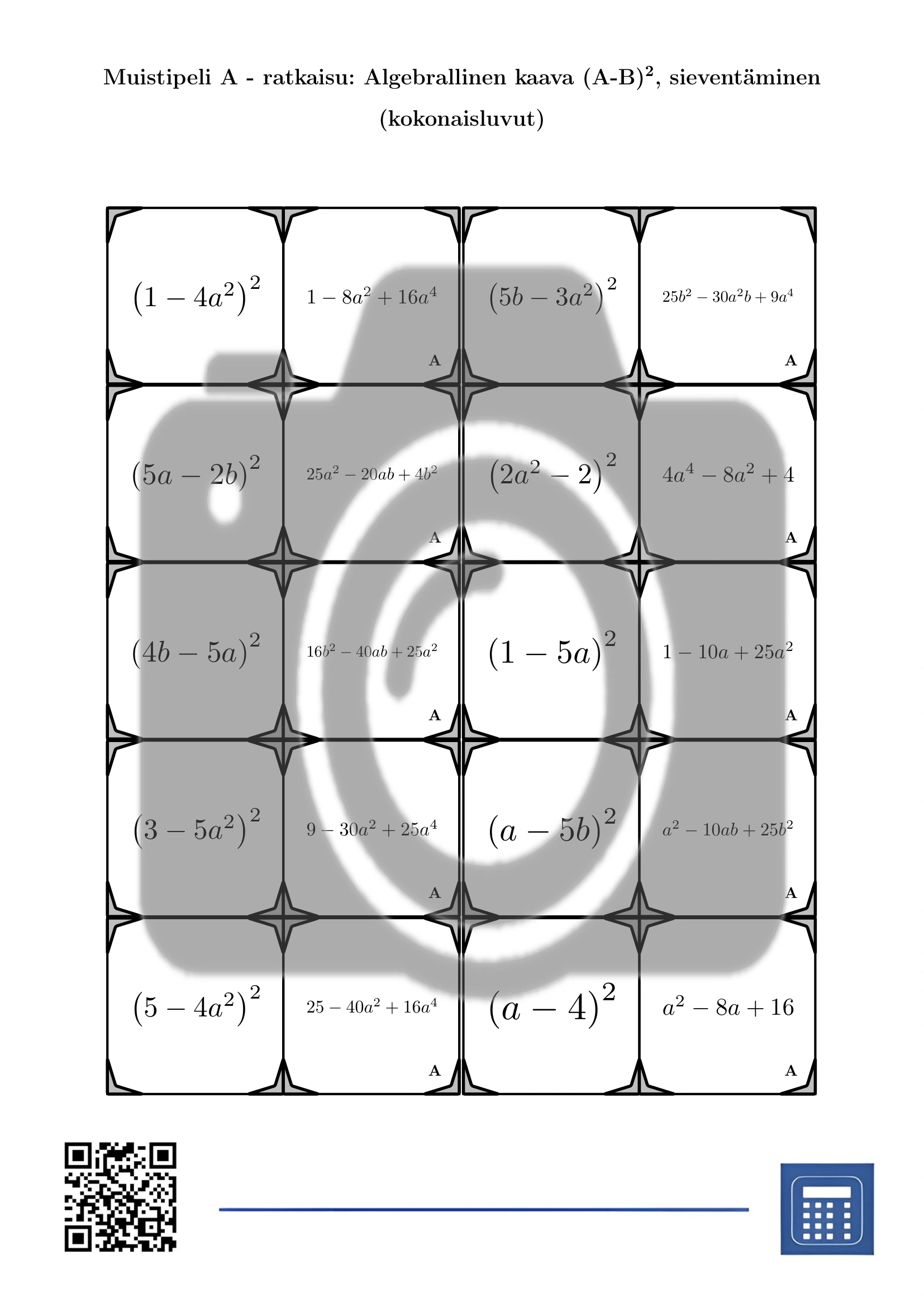Muistipeli: Algebrallinen kaava (A-B)², sieventäminen (kokonaisluvut) - Image 4