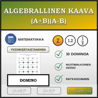 Domino: Algebrallinen kaava (A+B)(A-B), sieventäminen (kokonaisluvut)