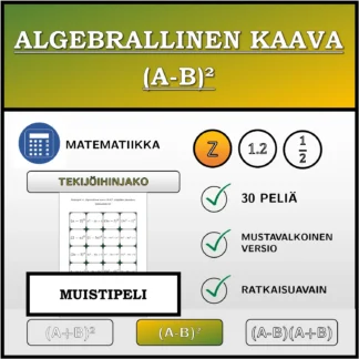 Muistipeli: Algebrallinen kaava (A-B)², tekijöihin jakaminen (kokonaisluvut)