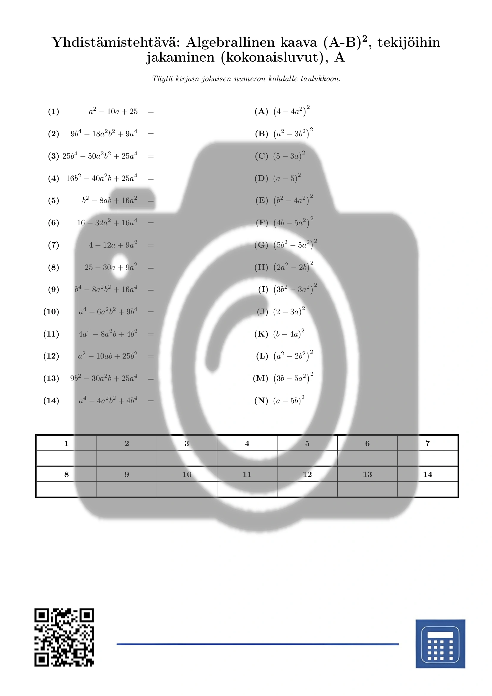 Yhdistämistehtävä: Algebrallinen kaava (A-B)², tekijöihin jakaminen (kokonaisluvut) - Image 2