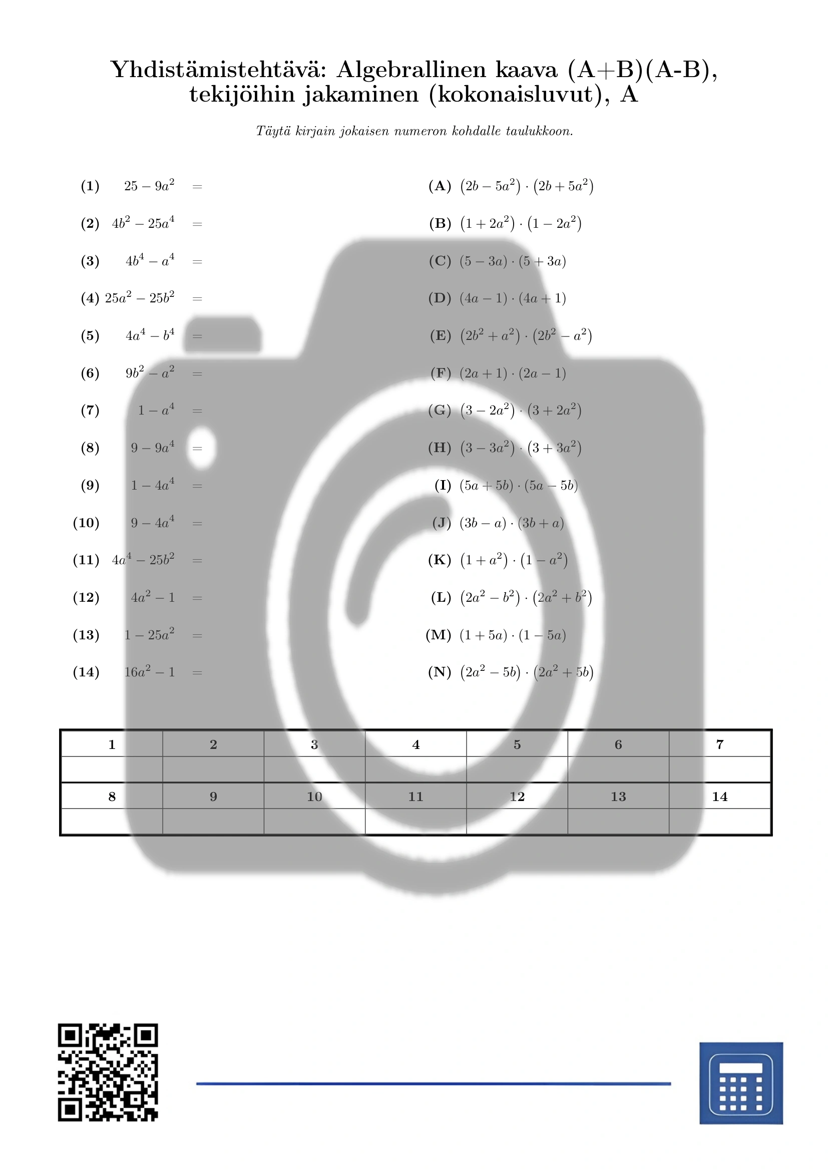 Yhdistämistehtävä: Algebrallinen kaava (A+B)(A-B), tekijöihin jakaminen (kokonaisluvut) - Image 2