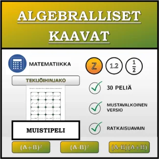 Muistipeli: Algebralliset kaavat, tekijöihin jakaminen (kokonaisluvut)