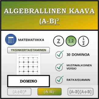Domino: Algebrallinen kaava (A-B)², sieventäminen (desimaaliluvut)