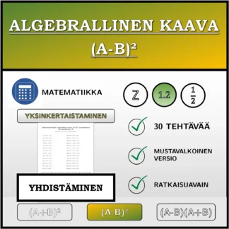 Yhdistämistehtävä: Algebrallinen kaava (A-B)², sieventäminen (desimaaliluvut)