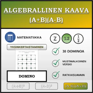 Domino: Algebrallinen kaava (A+B)(A-B), sieventäminen (desimaaliluvut)