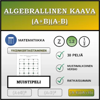 Muistipeli: Algebrallinen kaava (A+B)(A-B), sieventäminen (desimaaliluvut)