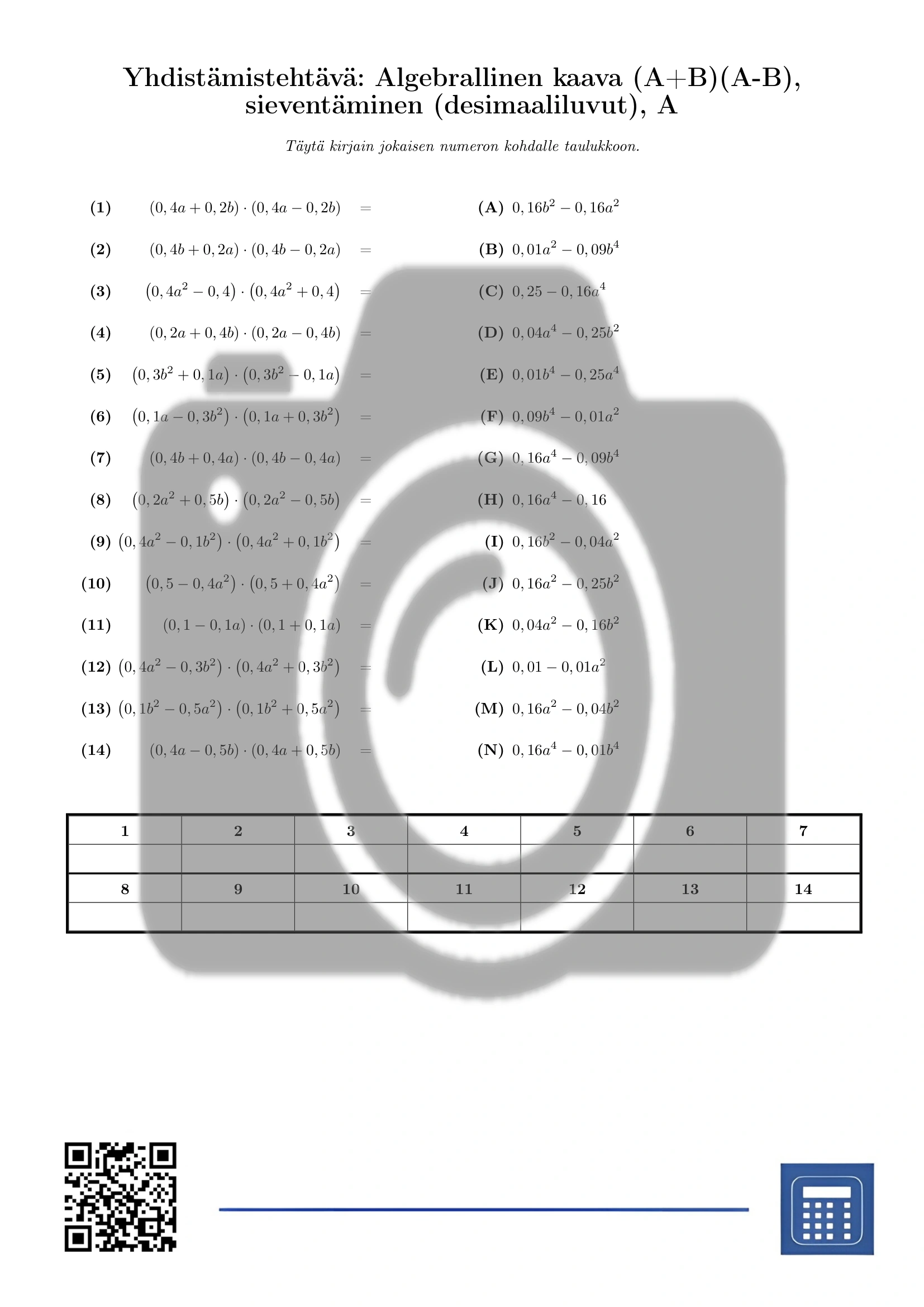 Yhdistämistehtävä: Algebrallinen kaava (A+B)(A-B), sieventäminen (desimaaliluvut) - Image 2